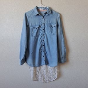 Altar'd State Chambray High-Low Lace Tunic Top Size Small